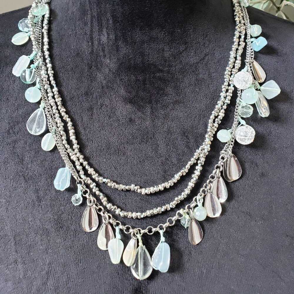 Women's Silver Tone 3 Strand Seed Bead Crystal Tear Drops Necklace w/ Lobster